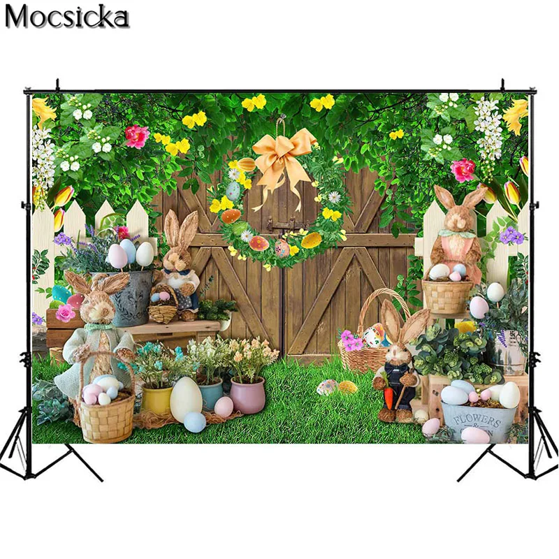 봄 부활절 사진 배경 녹색 식물 초원 계란 토끼 장식 토끼 아이 생일 초상화 사진 배경 스튜디오