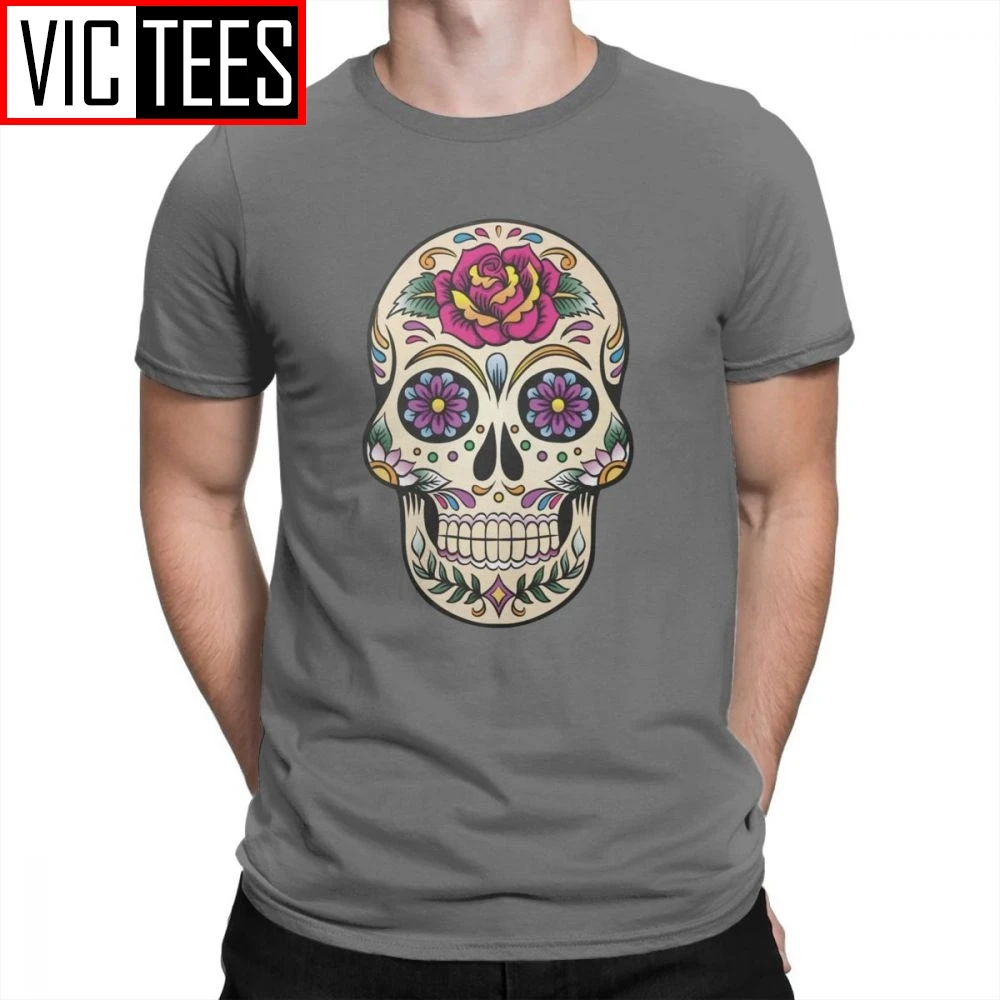 Day Of The Dead T Shirt Sugar Skull With Rose Tile Tees for Men 100% Cotton Travel Original T-Shirt Short Sleeve Tees