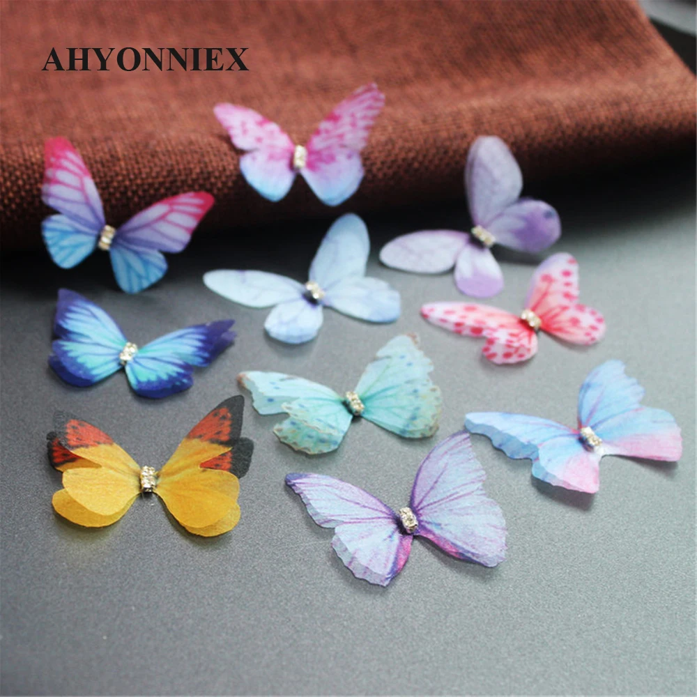 10PCS Double Layers Chiffon Butterflies 3D Tulle Butterfly Appliques for Bridal Hair Accessories Party Decoration Sewing Crafts