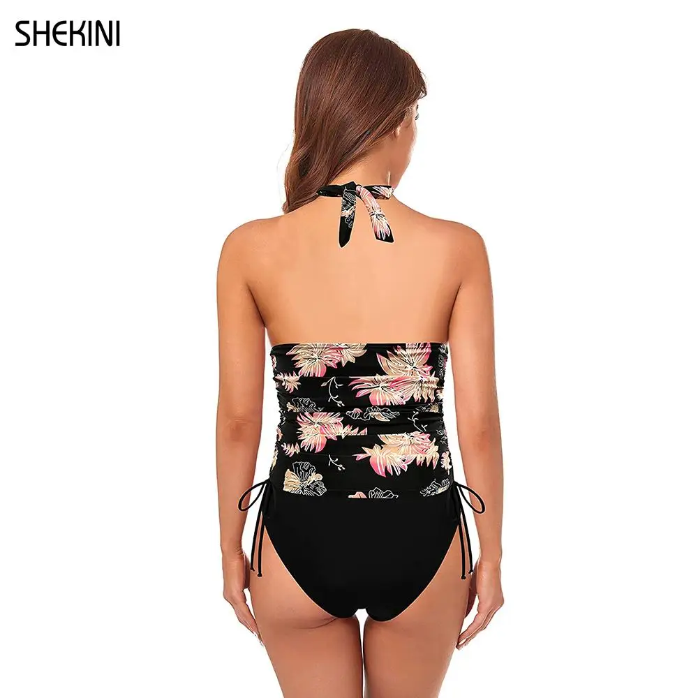 SHEKINI Women's Floral Printed Halter V Neck Ruched Tankini Set Side Pull Tie Two Piece Swimsuits Bathing Suits Beach Swimwear