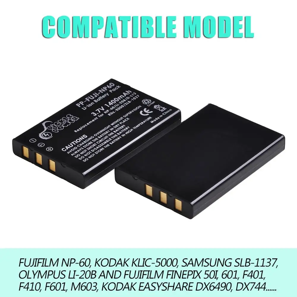 Pickle Power 1400mAh batería Digital NP-60 NP 60 NP60 LCD cargador USB para Samsung SLB-1037 para Fujifilm NP-60 Kodak KLIC-5000
