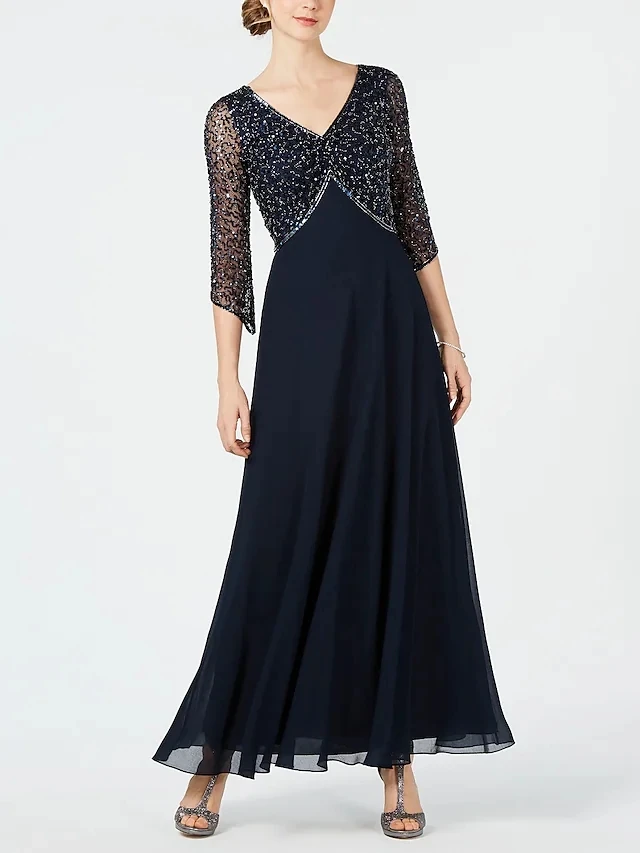 Dark Navy แม่ของเจ้าสาวชุด2022 Shine V คอ Beading ข้อเท้าความยาวชีฟองเจ้าสาวชุดที่กำหนดเอง Robe de Soiree