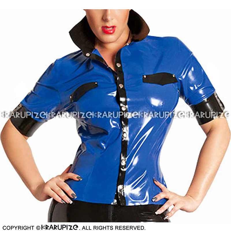 Blue And Black Sexy Latex Shirt With Buttons At Front Turn Down Collar Rubber Coat YF-0208