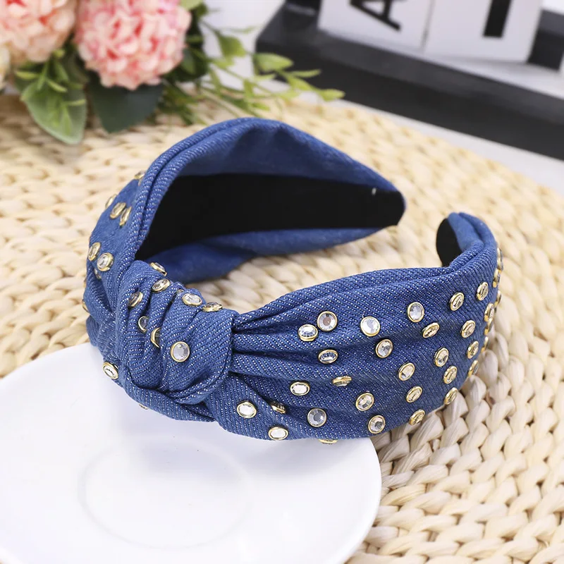 Bohemian Ethnic Denim Center Knot  Hairband With Rhinestone Knotted Headband Hair Accessories