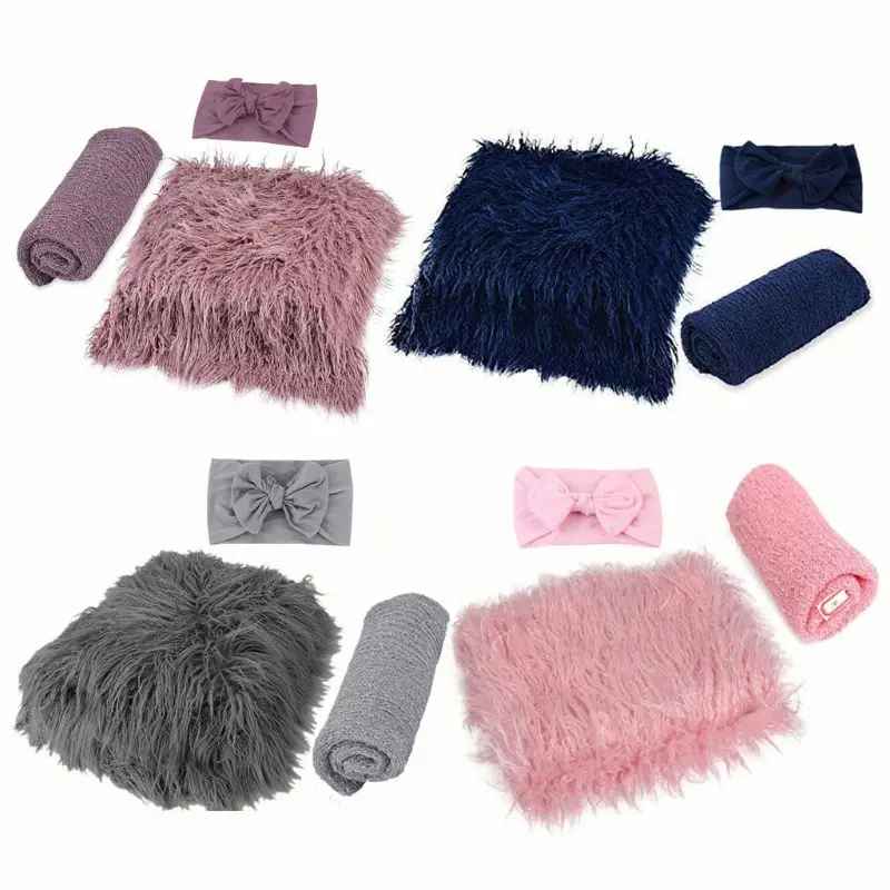 3pcs/set Newborn Baby Photography Props Kits Fake Fur Blanket Mats Cotton Stretch Wrap with Knotted Headband for Infants Toddler