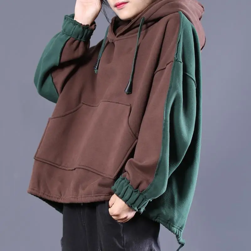 2021 New Arrival Spring/autumn Women Loose Casual Long Sleeve Hooded Collar Pullovers Pocket Cotton Patchwork Hoodies W763