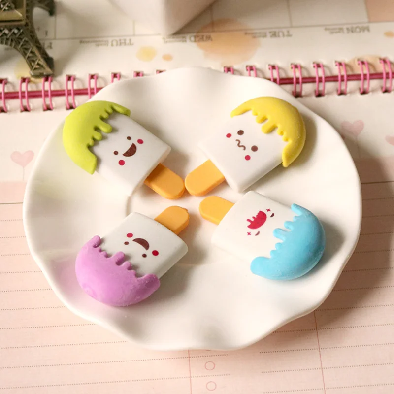 4pc Cute Ice Cream Shape Eraser Student Creative Novelty Kids Rubber Stationery Pencil Eraser Promotion Office School Supplies