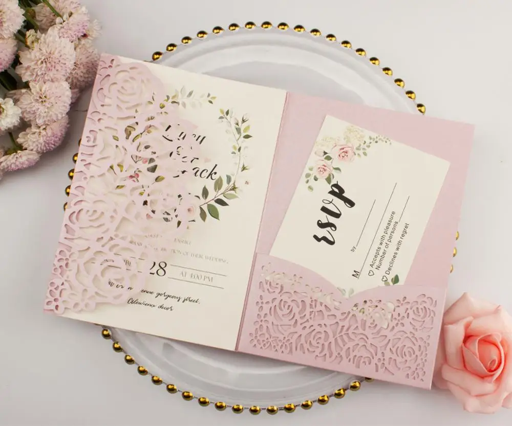 free shipping 1X Laser Cut Tri-fold White Rose Gold floral pocket fold Wedding Invitation Card Invite RSVP Customize envelope