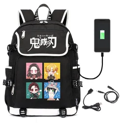 Mochilas escolares de Kimetsu no Yaiba, mochilas negras de Cosplay, Kamado Tanjirou USB, bolsos de hombro de viaje informales para ordenador portátil