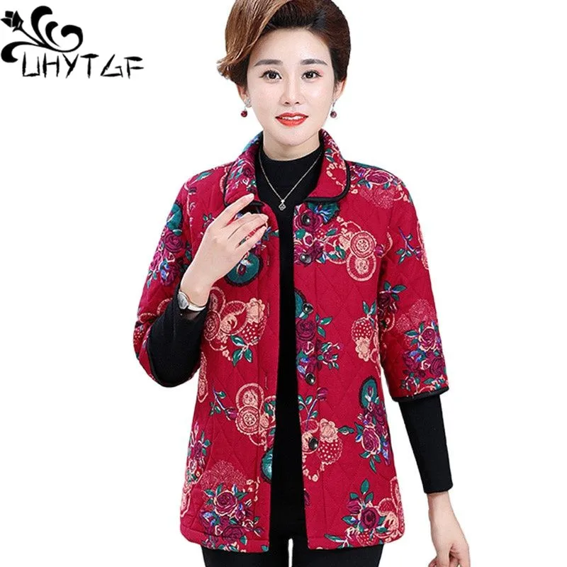 UHYTGF Casual Mother Autumn Winter Cotton Vest Jacket Print Single-Breasted 5XL Loose Size Tops Coat Women's Thin Waistcoat 1624