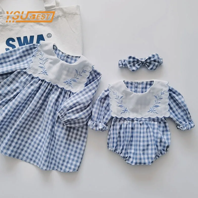 Spring Newborn Baby Girls Sister Embroidery Grid Dress Toddler Jumpsuit Baby Clothes Infant Girls Long Sleeve Children Dress