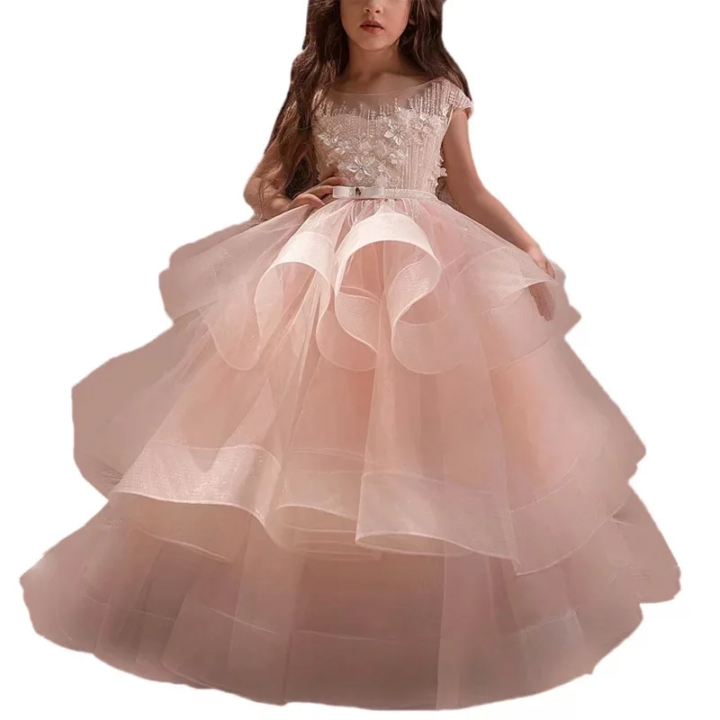 Princess Lace Bow Flower Girl Dresses Sleeveless Open back First Communion Gowns Wedding Party Dresses formal with Pageant Gown