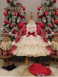 0-12Y Baby Girl Autumn Winter Red Velvet Palace Vintage Spanish Pompom Ball Princess Lolita Dress for Birthday Christmas C2