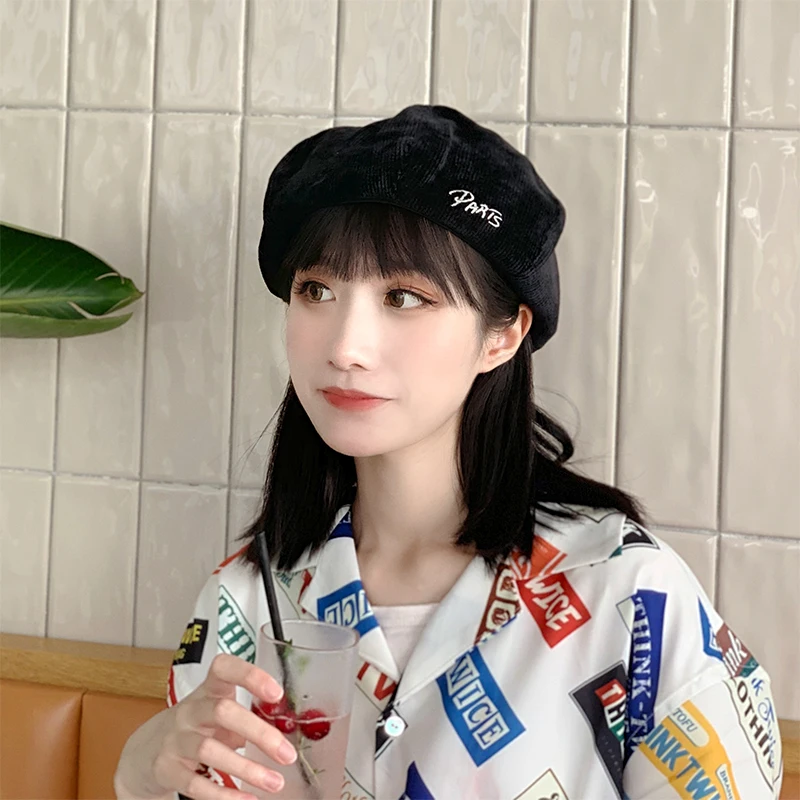 

H3542 Women Beret Hat Female Letters Embroidery Warm Pumpkin Cap Japanese Spring Autumn Corduroy Casual High Quality Simple Hats