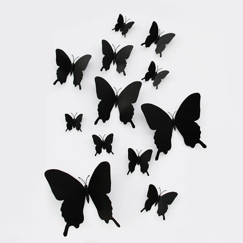 12Pcs/Set 3D Black Pteris Butterfly Wall Sticker Living Room Home Butterflies Decorations Magnet Stickers Wedding Decor Decals