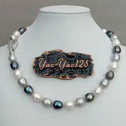 Natural Freshwater Cultured Black Gray White Rice Pearl Mixed Color Choker Necklace  17