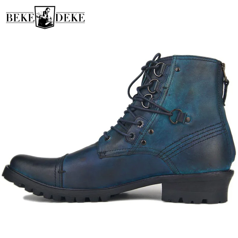 Winter Men Genuine Leather Motorcycle Ankle Boots Lace Up Office Party Block Heels  Shoes Punk Safety Shoes Big Size Blue