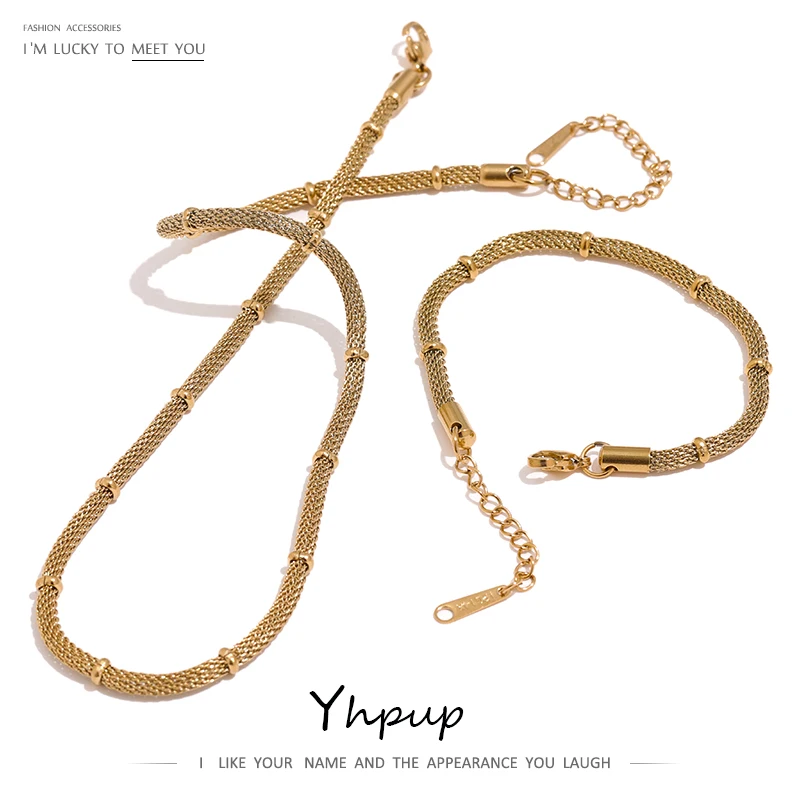 Yhpup zestaw biżuterii ze łańcuszkiem ze stali nierdzewnej oświadczenie złoty metal 18 K platerowany PVD naszyjnik zestaw bransoletek wodoodporny Bijoux Femme