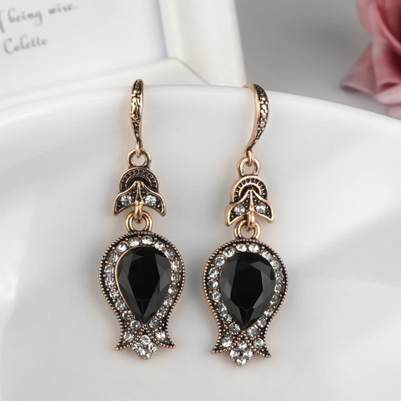 Wbmqda Black Stone Drop Earrings For Women Antique Gold Water Drop Crystal Wedding Earrings Vintage Jewelry Christmas Gifts