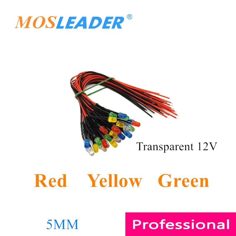 

Mosleader 1000pcs 5MM 12V LED with wire 20CM Blue Yellow Red Green Transparent Color turn color Prewired Emitting Diode Light