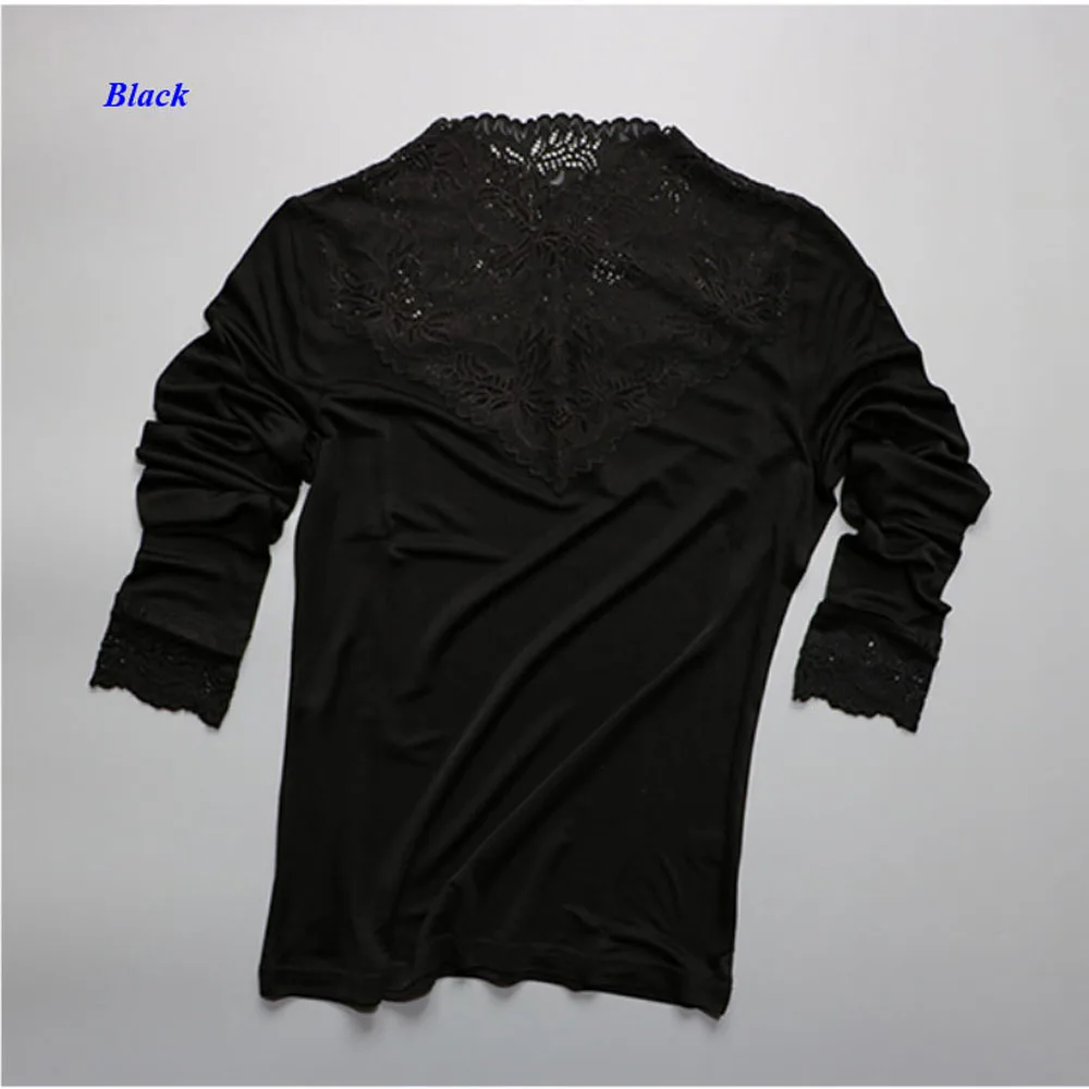 New arrival pure silk knitted lady V-neckline lace T-shirt,100% natural silk long sleeve women bottom top,with gift mask.