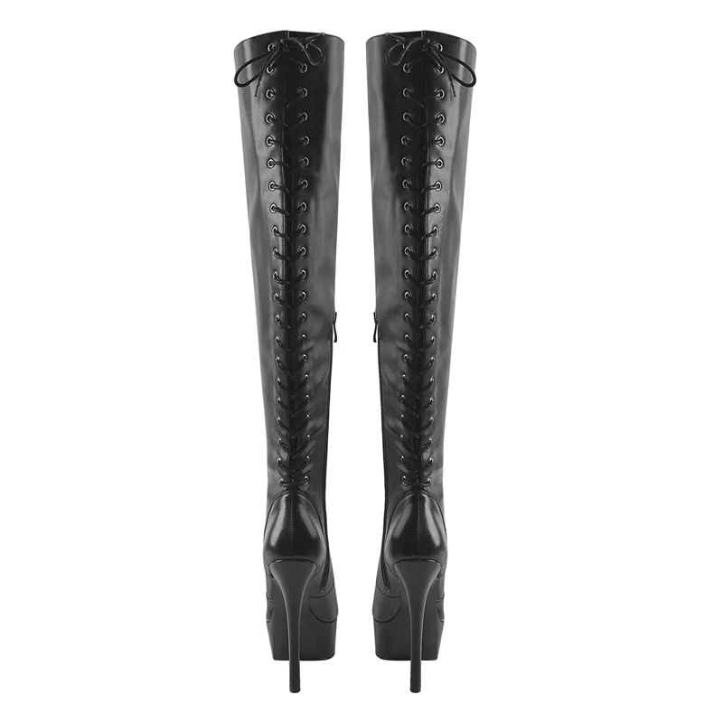 Onlymaker Women Lace-Up Over The Knee Boots Platform Matte Black Stiletto High Heel Shoes Side Zipper Boots