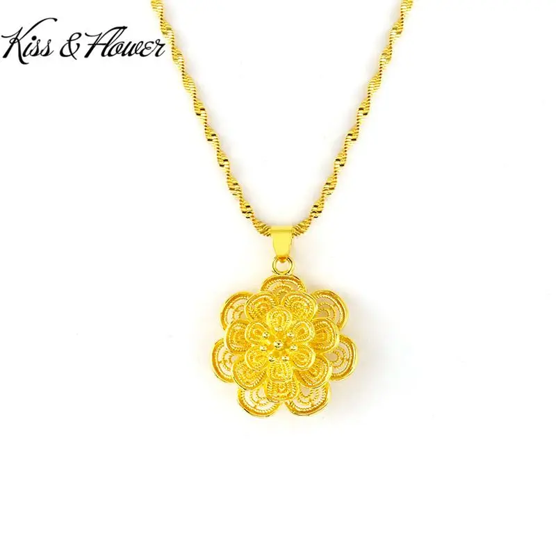 

KISS&FLOWER NK40 2022 Fine Jewelry Wholesale Fashion Woman Girl Birthday Wedding Gift Vintage Flower 24KT Gold Pendant Necklaces