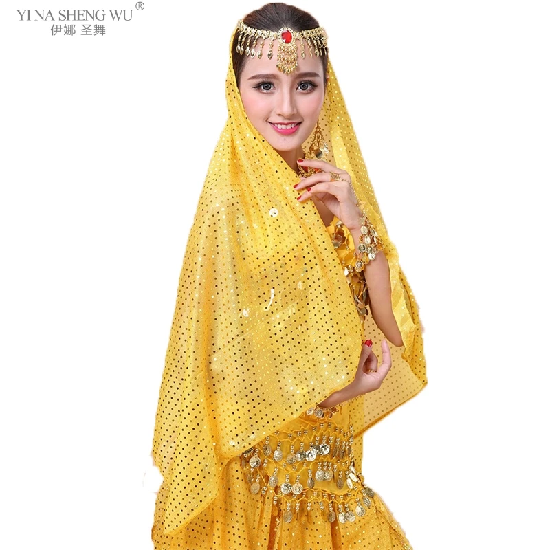 Women Belly Dance Scarf Gold Coins Bright Spot Veil Girls Belly Dance Head Scarf Veils Dance Accessories Indian Costumes 6 Color