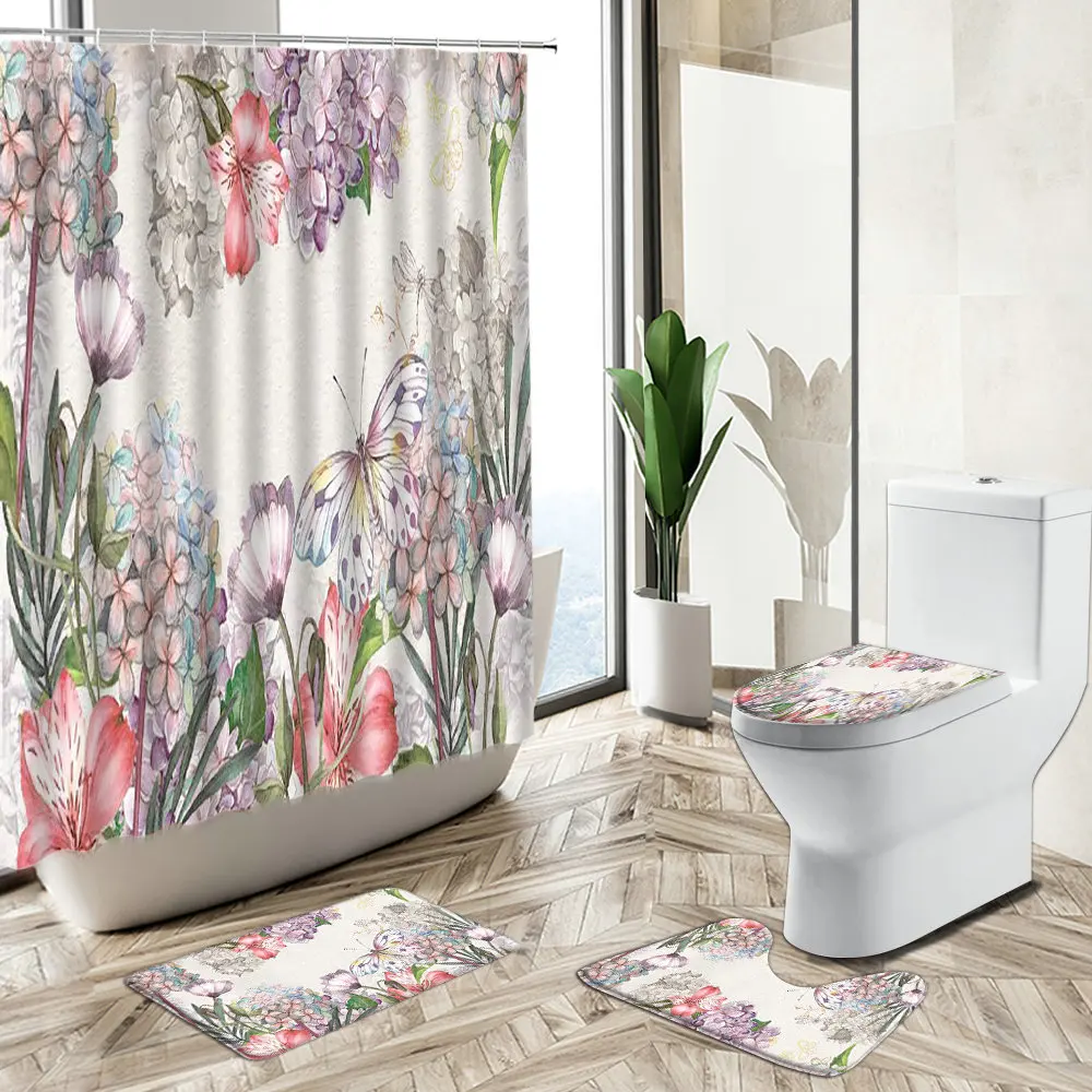 

Flower Plant Butterfly Scenery Shower Curtain Watercolor Art Pastoral Style Non-Slip Pedestal Rug Toilet Cover Bathroom Deco Set