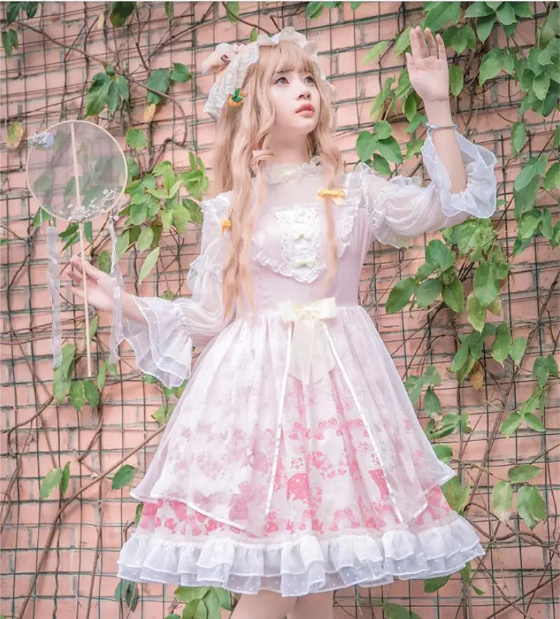 

Cute Kawaii Lolita Sakura Print OP Long Sleeve Dress Pink Princess Dress Cos Retro Gothic Court Loli Tea Party Vestidos