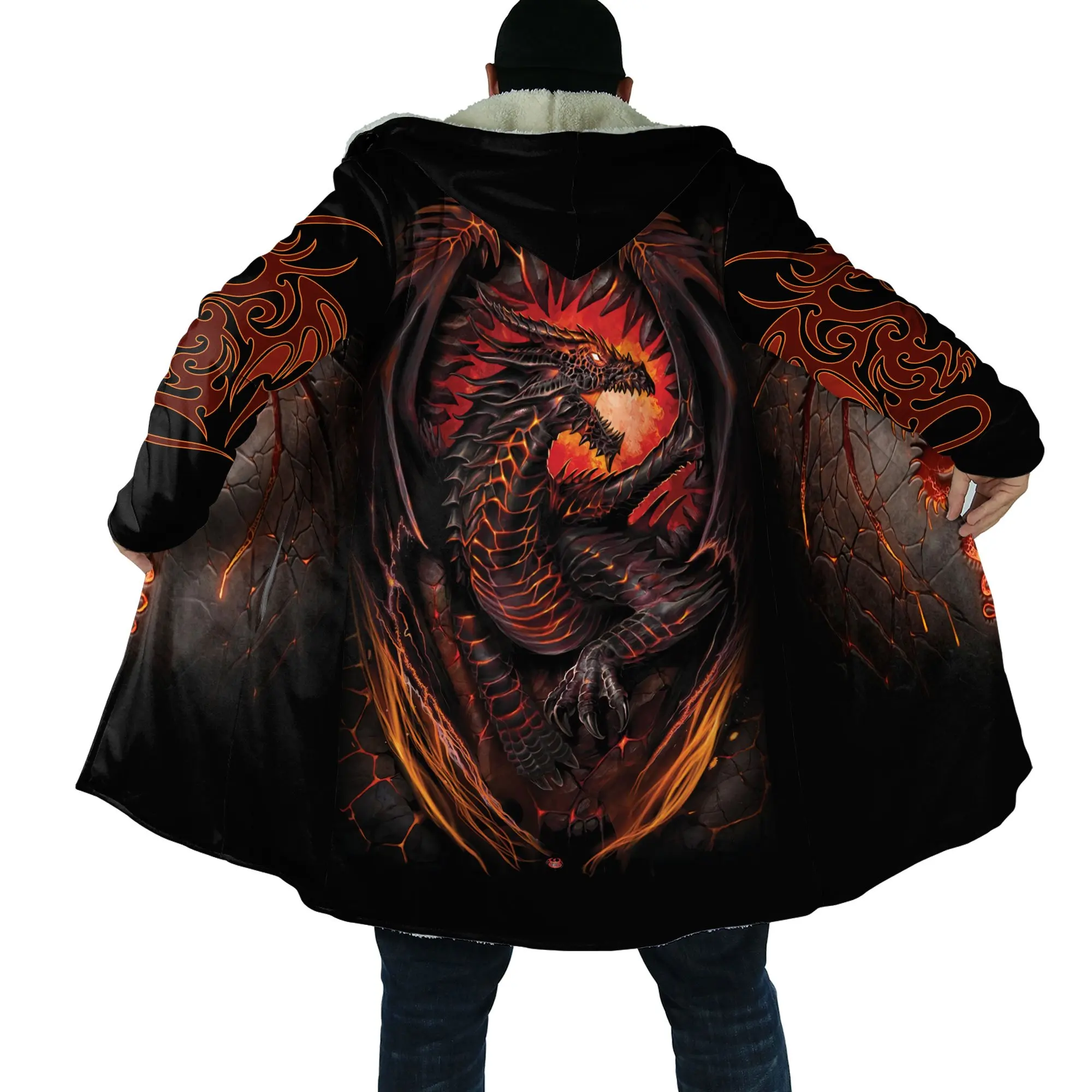 

2021 Winter Mens Cloak skull and Dragon Armor Tattoo 3D Print Fleece Hooded cloak Unisex Casual Thick Warm cloak coat PF30