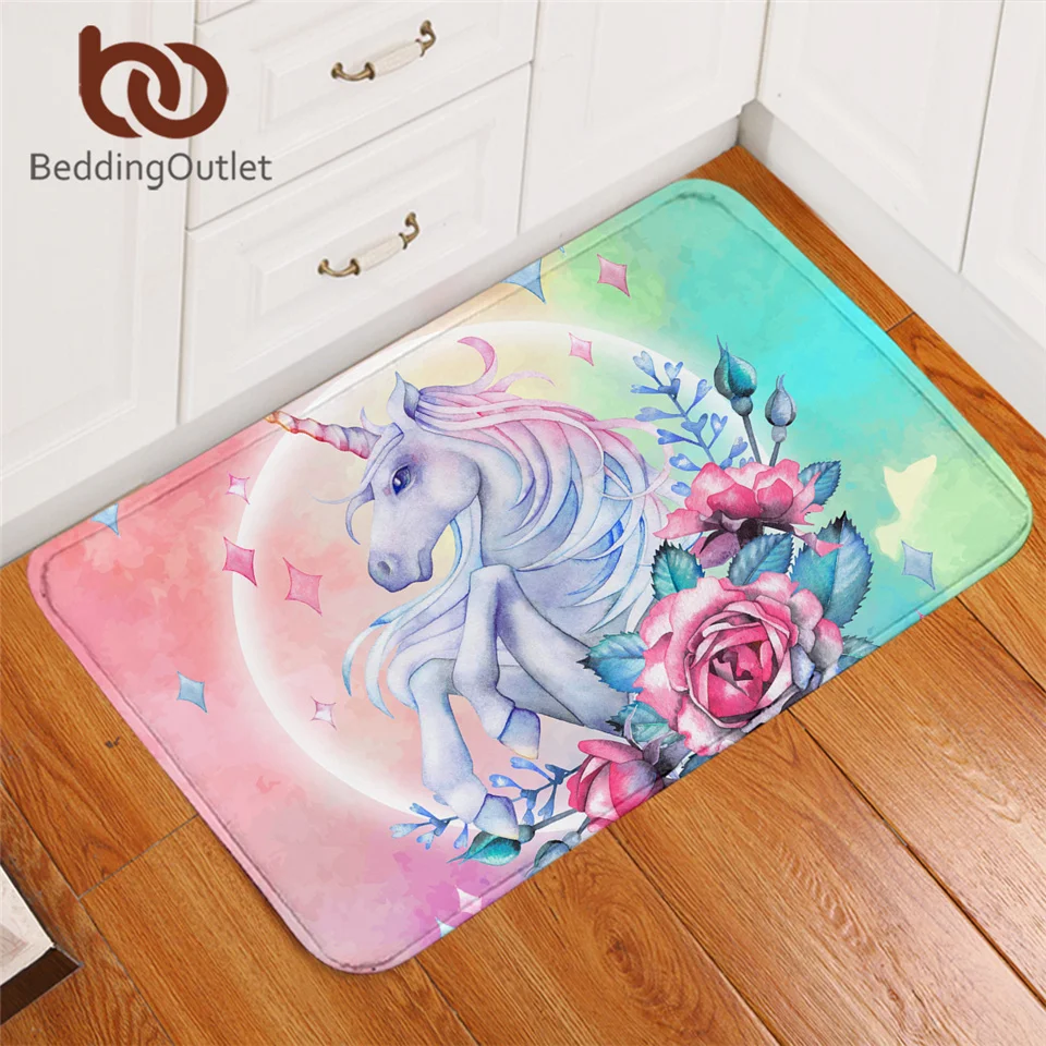 BeddingOutlet Unicorn Carpet Non-slip Soft Rug Floral Pink Roses Cartoon Floor Mat Moon Absorbent Doormat For Girls Bedroom