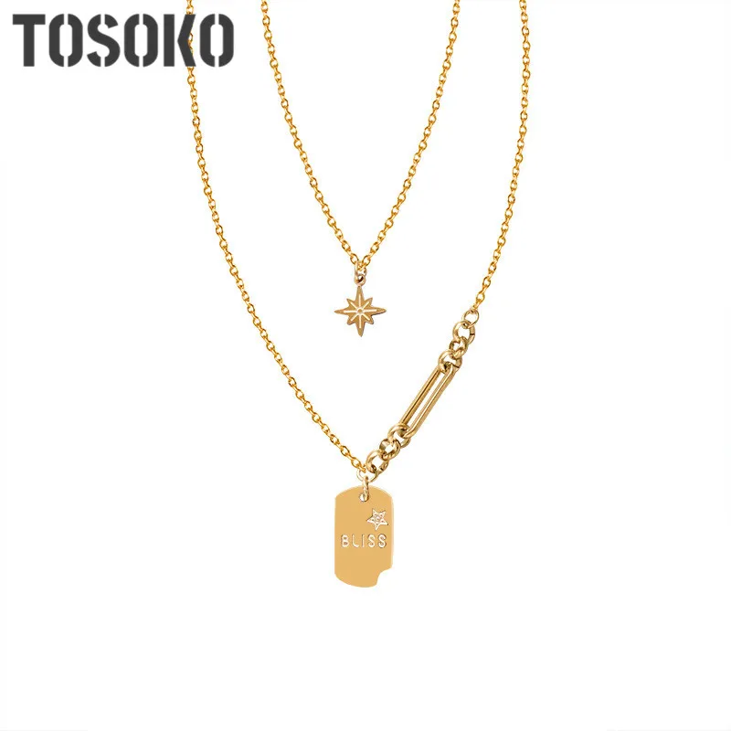 

TOSOKO Stainless Steel Jewelry Women's Star Irregular Square Double Necklaces Geometric Star Overlay Necklace BSP859