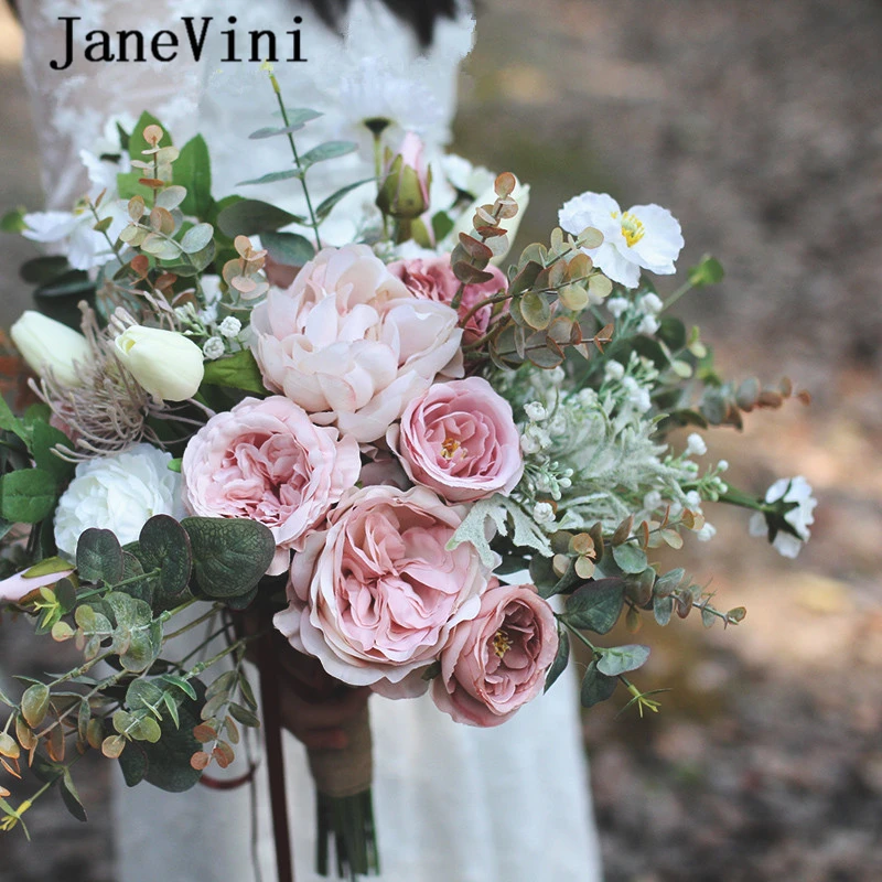 JaneVini 2020 New Romantic Blush Pink Wedding Flowers Bridal Bouquet Artificial Silk Roses Hydrangea Wedding Bouquet Accessories