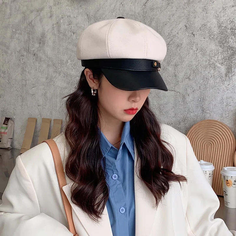 Panama Women\'s Octagonal Beret Leather Buckle Autumn Winter Retro Newsboy Painter Hat Fashion Outdoor Warm Cap K257