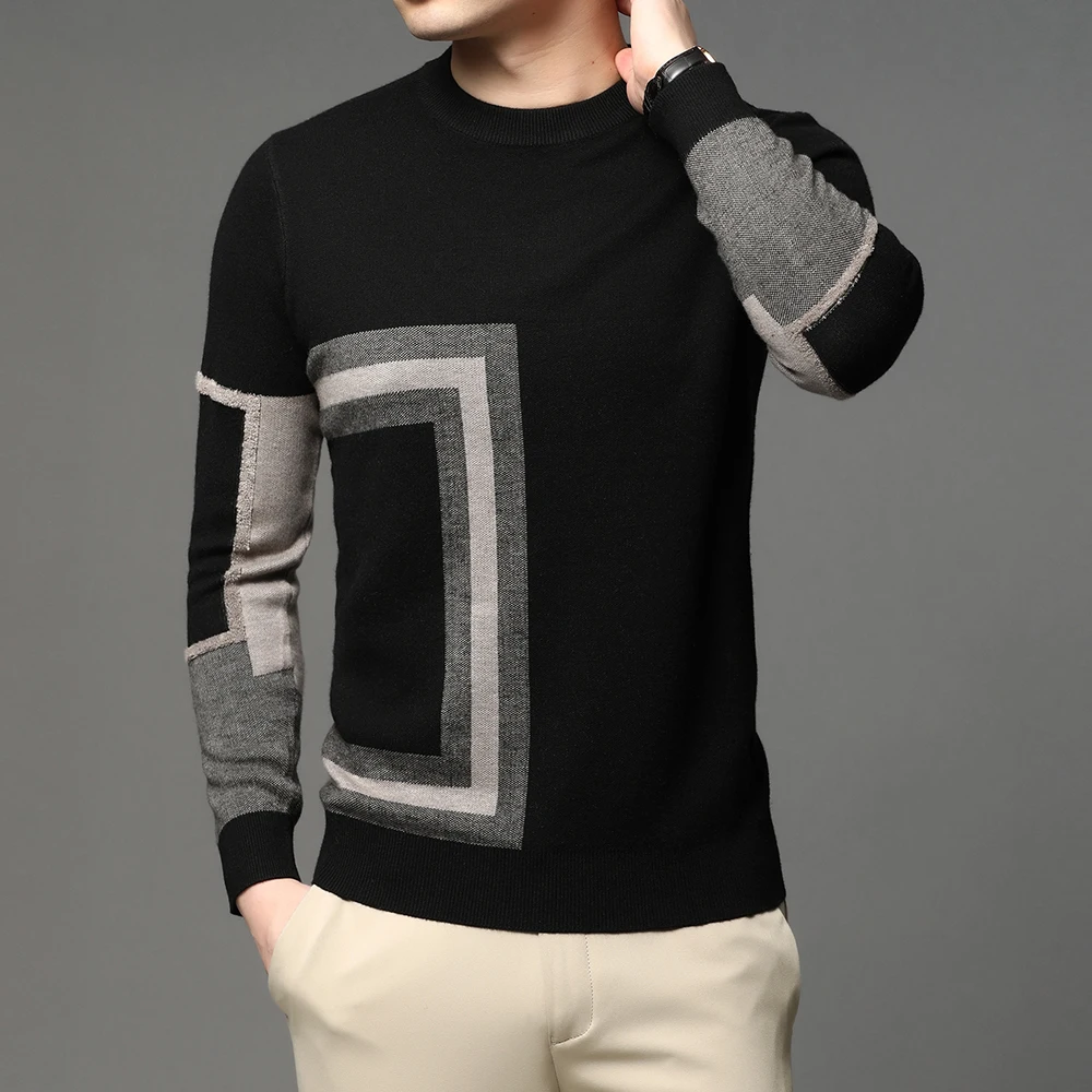 2023 New Fashion High End Designer Brand Mens Knit Black Wool Pullover Sweater Crew Neck Autum Winter Casual Jumper Mens Clothes