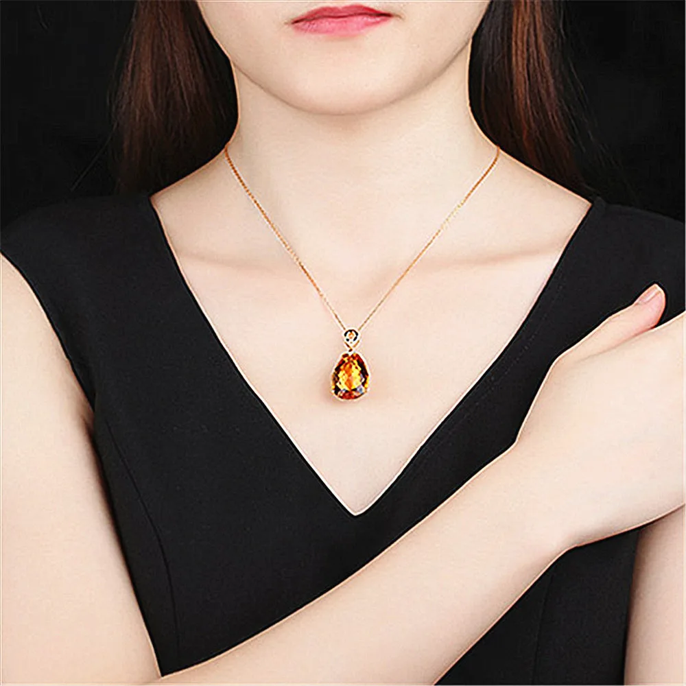 Luxury big carats water drop crystal citrine gemstones diamonds pendant necklaces for women 14k gold color jewelry bijoux gifts