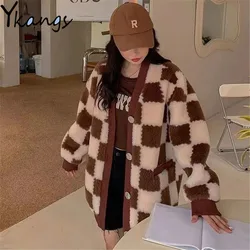 Single Breasted Buttons Oversized Loose Faux Lambswool Coat V Neck Suede Lined Women Y2k Jacket Harajuku Checkerboard Streetwear