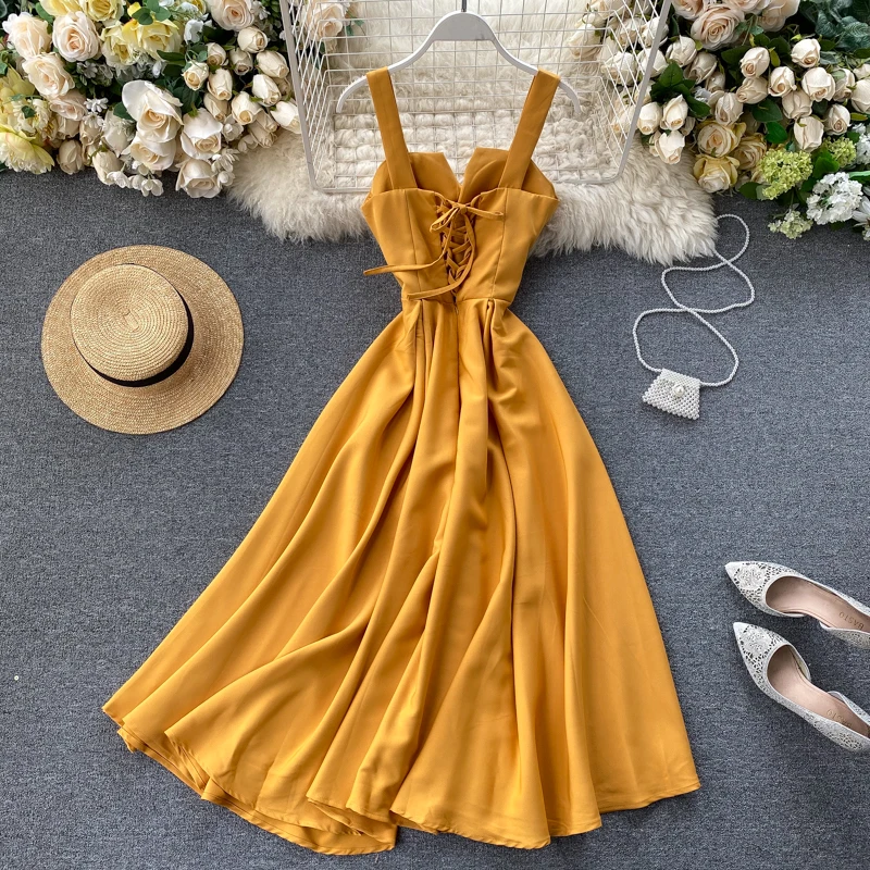 Vintage 2024 Slim V Neck Sexy Summer Spaghetti Strap Dress Lace Up Midi Long Party Women Elegant Beach Holiday Tunic Vestidos