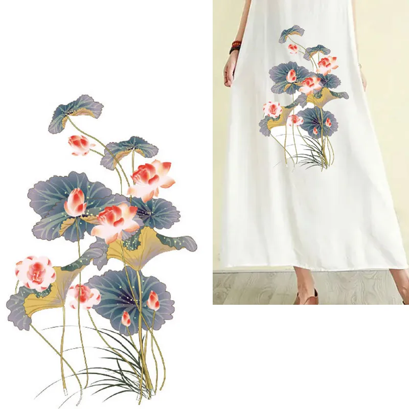 Lotus Lily Flower Stripe Iron-on Transfers for Clothing PVC Patches Iron on Dress Washable Ironing Sticker on Clothes Appliques