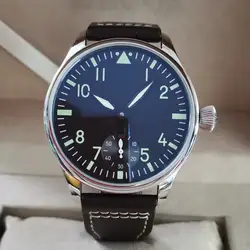 No logo Pilot manual mechanical men's Watch 44mm Black dial green number coffee strap Seagull ST3621 movement