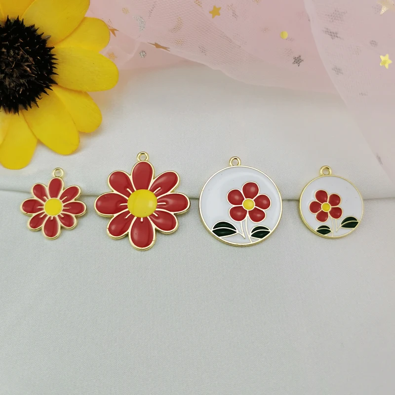 MuhNa 10pcs Little Red Flowers Enamel Charms Chic Metal Earrings Pendants DIY Jewelry Make Accessories Phone Case Pen Decor