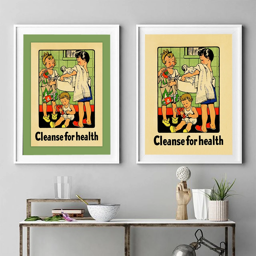 Vintage Bathroom Wall Art 1934 Print Canvas Cute Boys Brush Teeth Poster Cleanse For Health Pictures Old Fashioned Toilet Decor