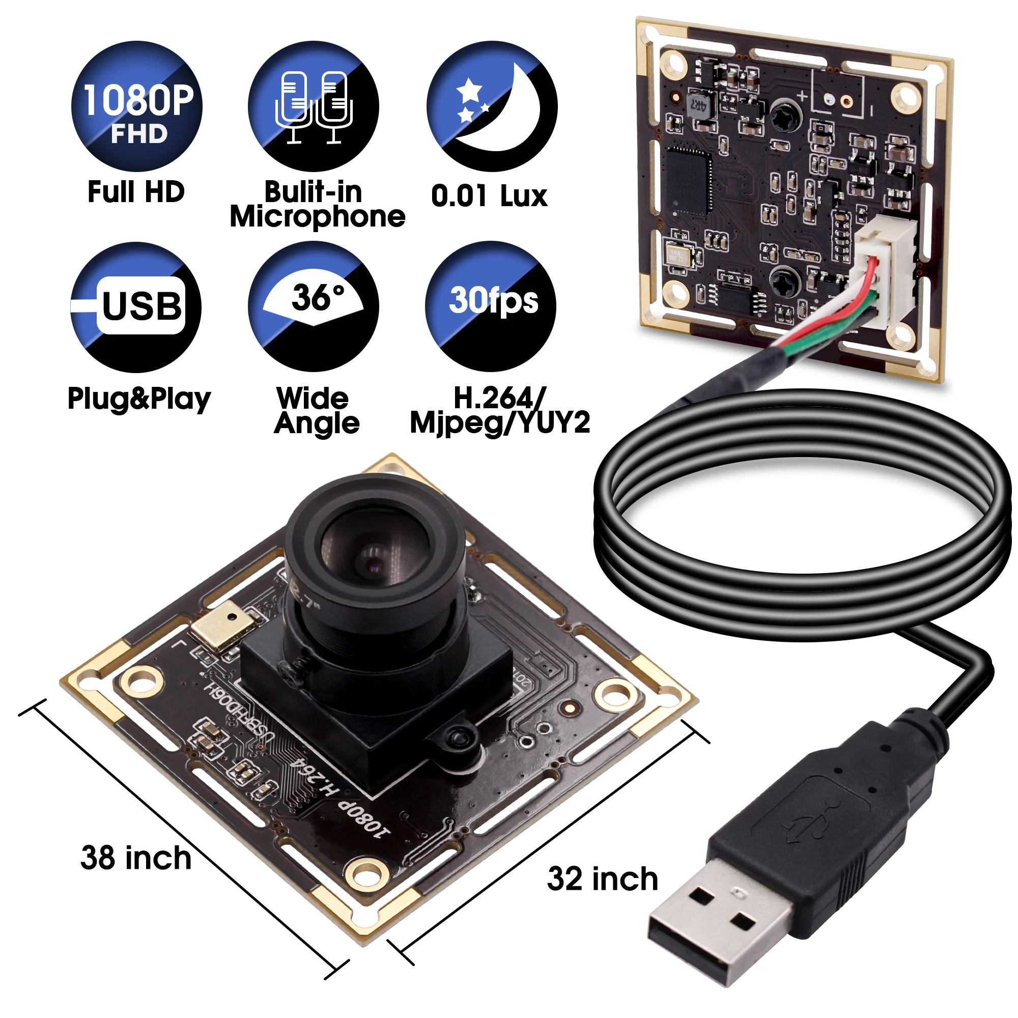 1080P Full HD IMX323 Low Illumination 0.01Lux CMOS H.264 AEC AEB AGC CCTV PCB Board USB Data Camera Module with Audio Microphone