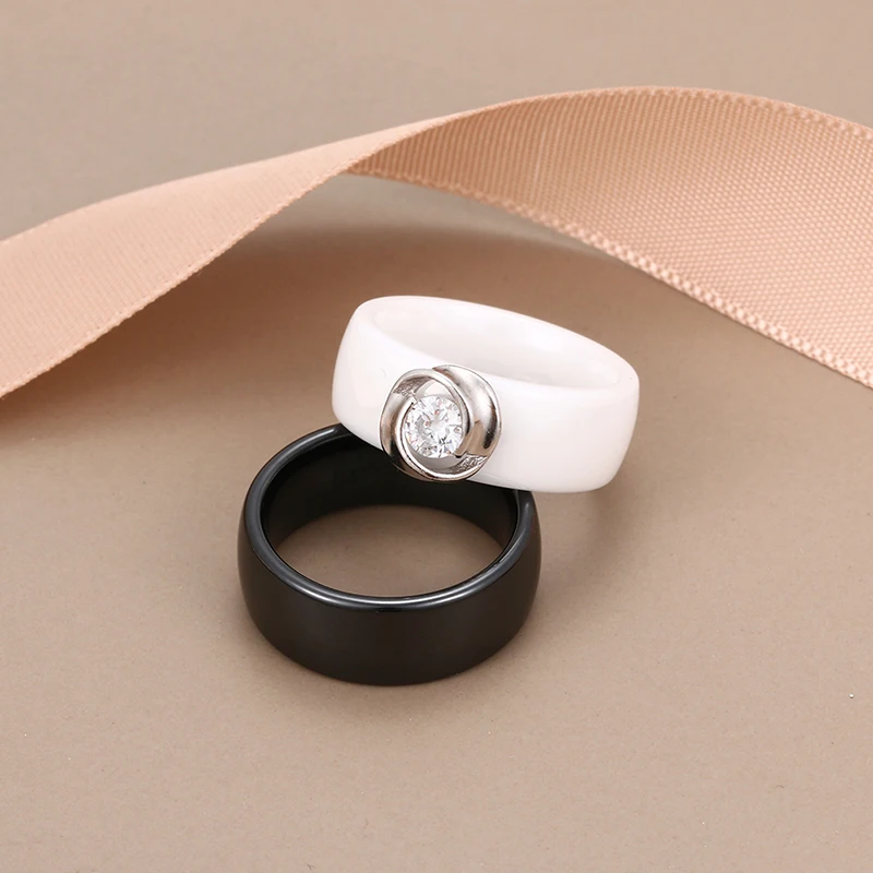 8mm Black White Ceramic Rings Plus Cubic Zirconia For Women Girl Elegant 925 Sterling Silver Women Wedding Ring Fashion Jewelry