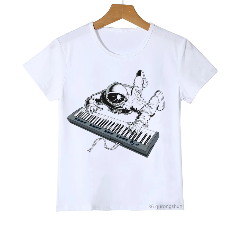 funny boys t shirt piano playing and astronaut cartoon print t-shirt kids summer fashion Harajuku  girls tshirt Camisole tops