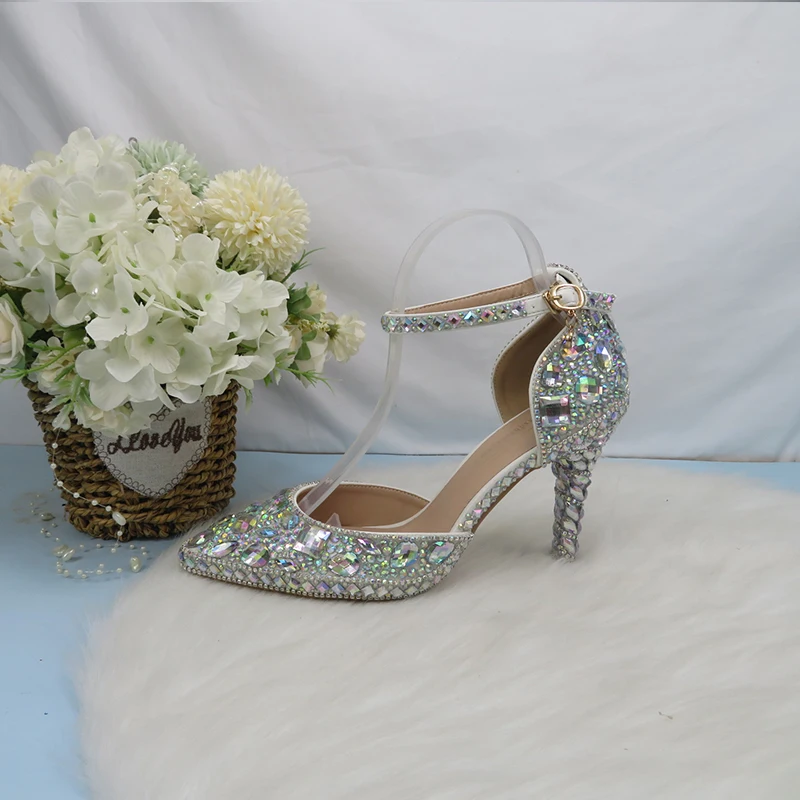 2021 fashion new luxury AB color bridal wedding shoes ladies high heels sandals ladies party pointed shoes