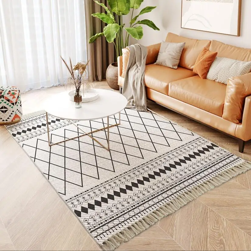 Morocco Hand Woven Cotton Linen Carpet and Rugs for Home Living Room American Geometric Bedside Rug Bedroom Floor Mat Tapis