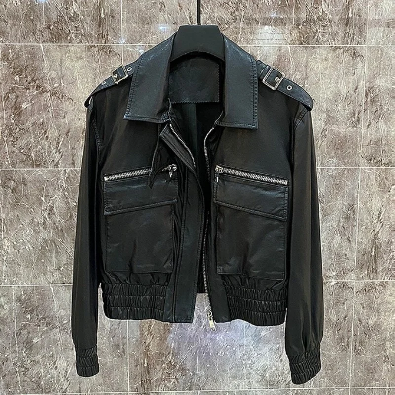 Women Fashion Motorcycle Genuine Leather Bomber Jacket Pockets Short Natural Sheepskin Coat New Designer Slim Fit Biker Jackets