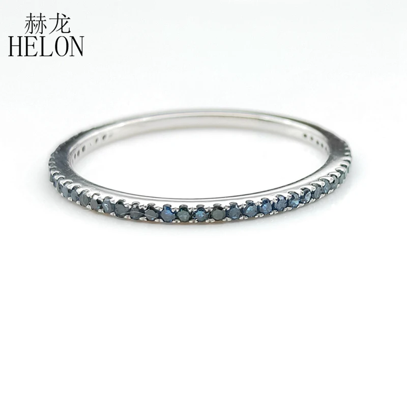 

HELON Diamond Ring Solid 10k White Gold Certified Round 0.3CT Genuine Blue Diamonds Eternity Band Engagement Women Fine Jewely